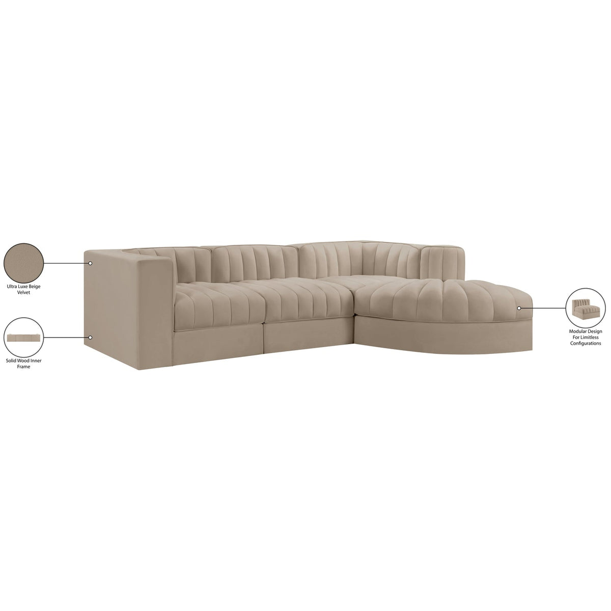 Rummi Beige Velvet Performance Fabric Upholstered 4 Piece Modular Sectional Sofa