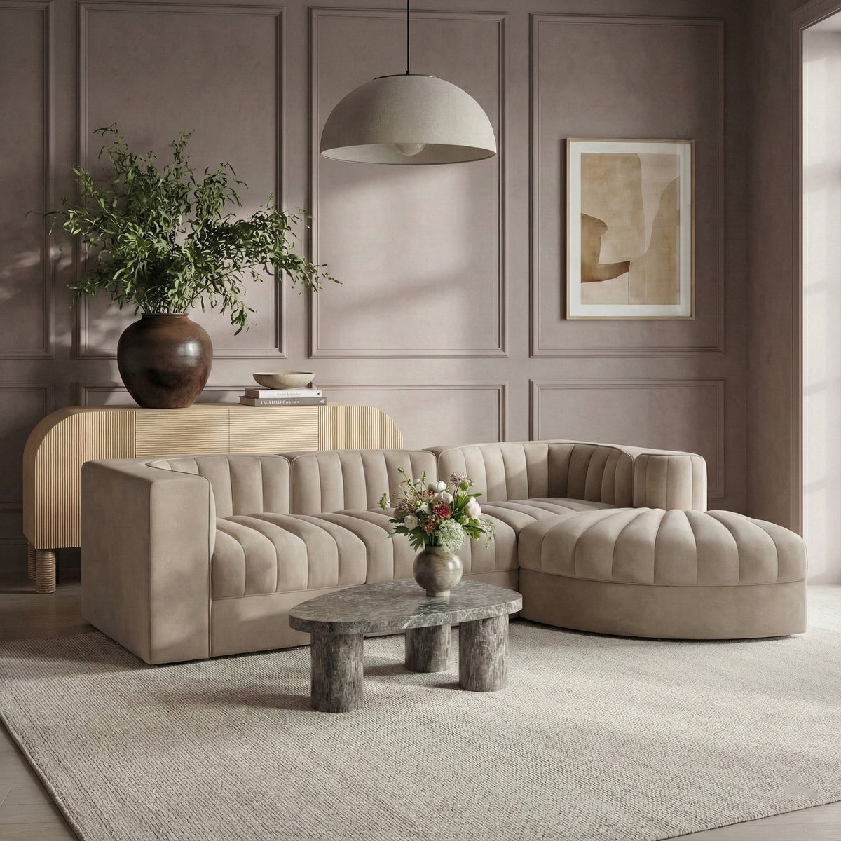 Rummi Beige Velvet Performance Fabric Upholstered 4 Piece Modular Sectional Sofa
