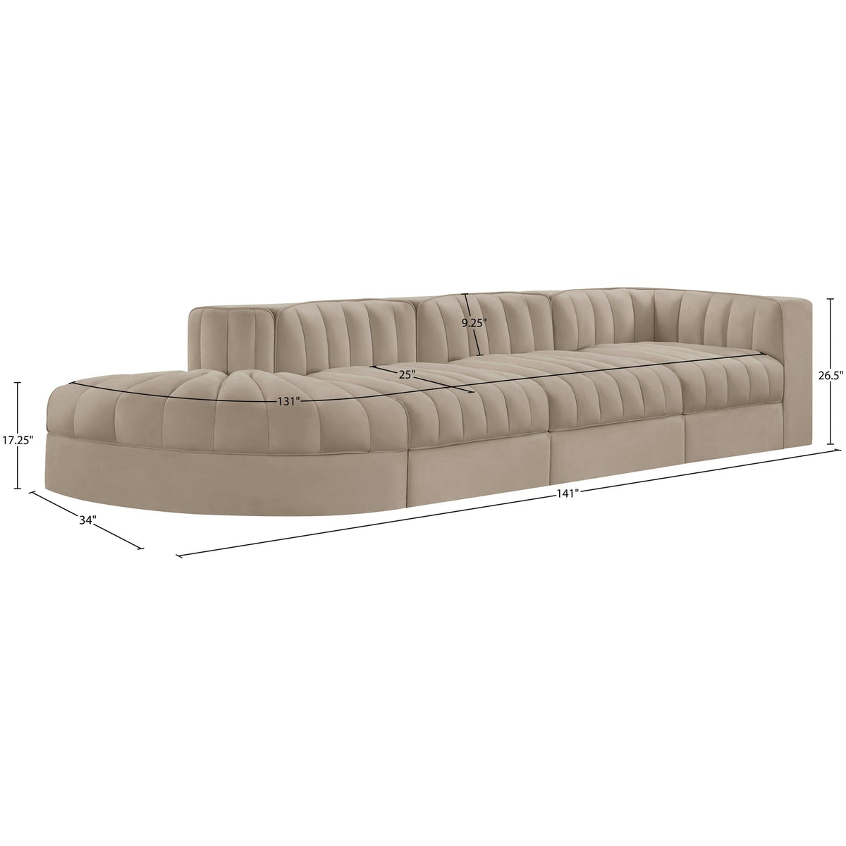 Rummi Beige Velvet Performance Fabric Upholstered 4 Piece Modular Sectional Sofa