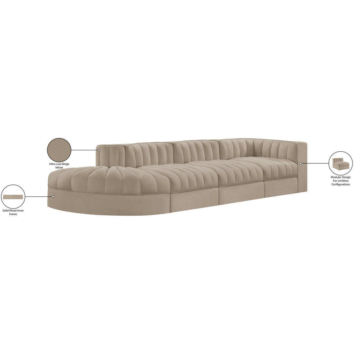 Rummi Beige Velvet Performance Fabric Upholstered 4 Piece Modular Sectional Sofa