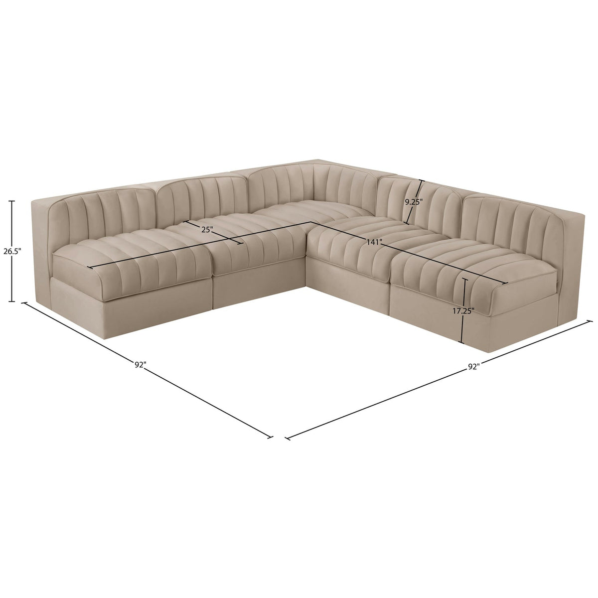 Rummi Beige Velvet Performance Fabric Upholstered 5 Piece Modular Sectional Sofa