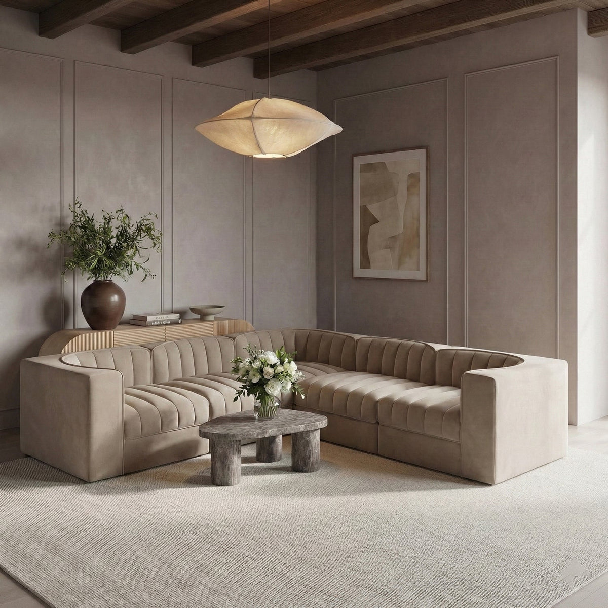 Rummi Beige Velvet Performance Fabric Upholstered 5 Piece Modular Sectional Sofa