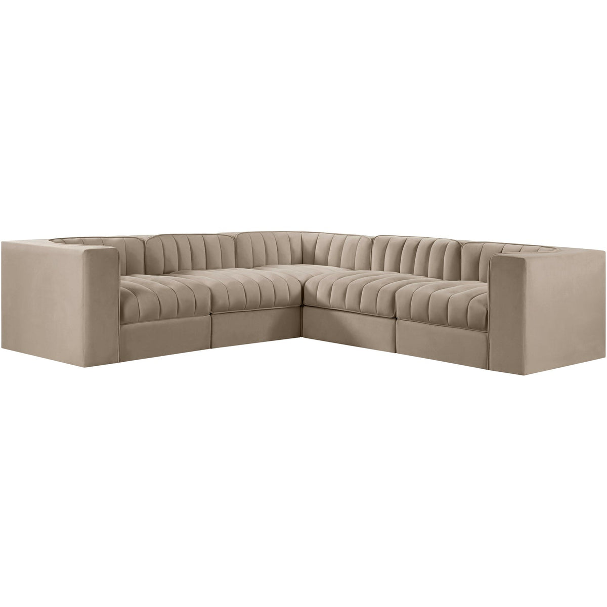 Rummi Beige Velvet Performance Fabric Upholstered 5 Piece Modular Sectional Sofa