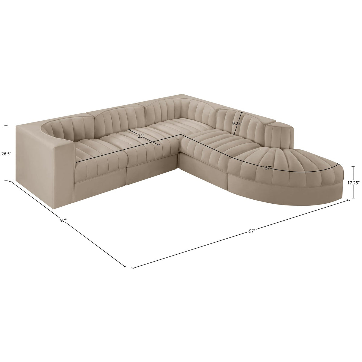 Rummi Beige Velvet Performance Fabric Upholstered 5 Piece Modular Sectional Sofa