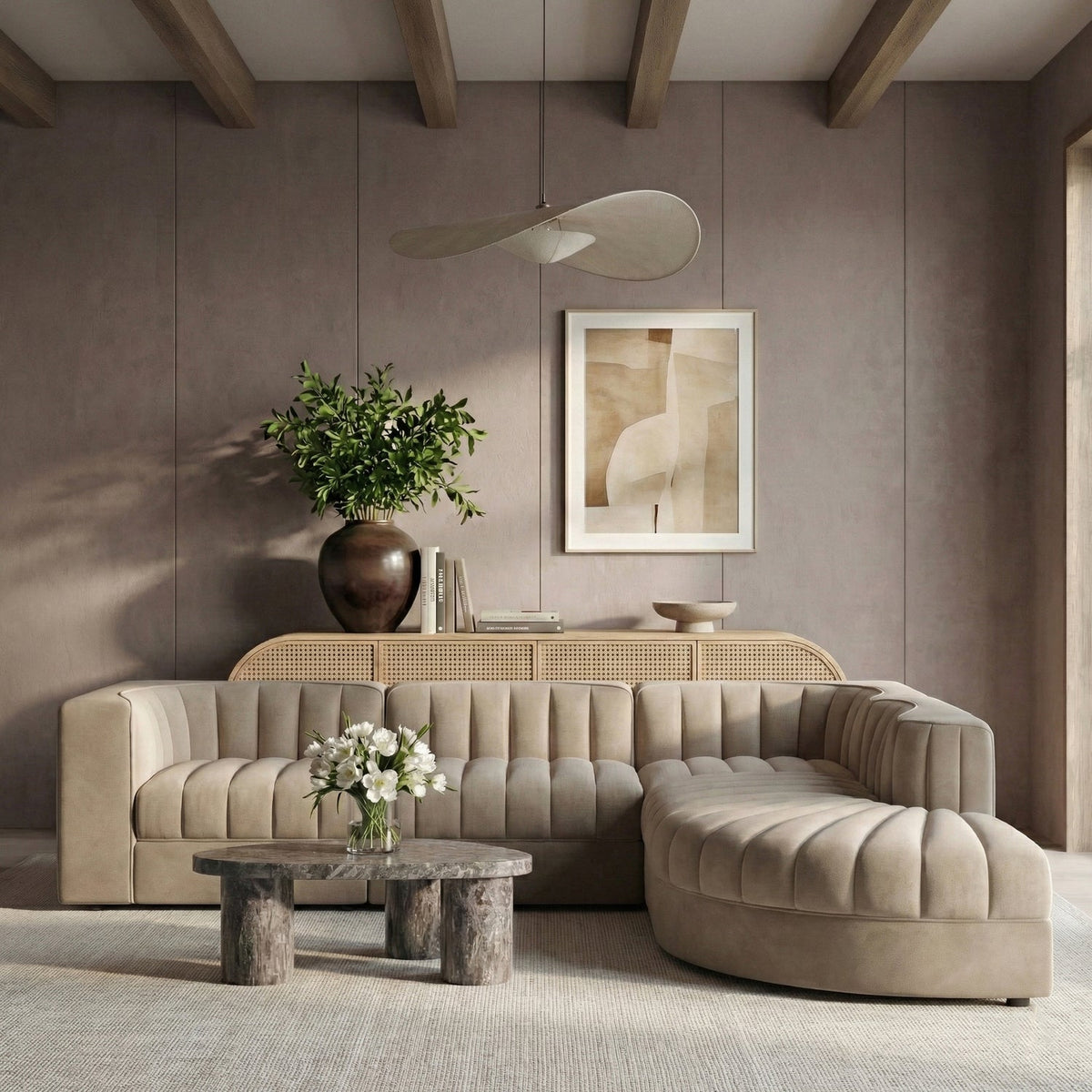Rummi Beige Velvet Performance Fabric Upholstered 5 Piece Modular Sectional Sofa