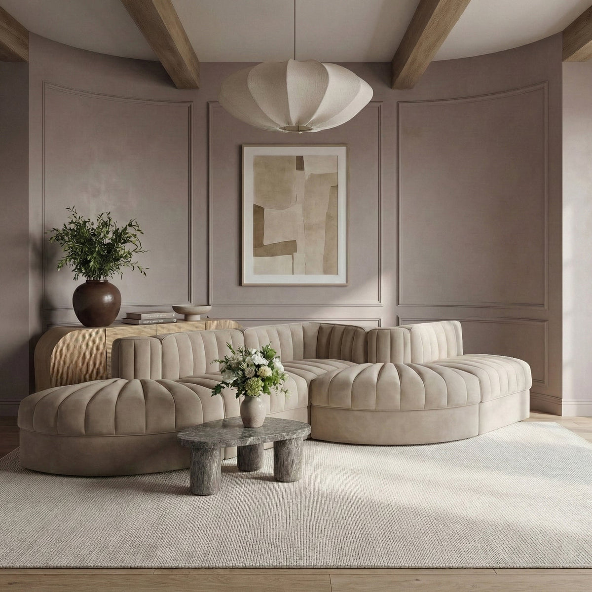 Rummi Beige Velvet Performance Fabric Upholstered 5 Piece Modular Sectional Sofa