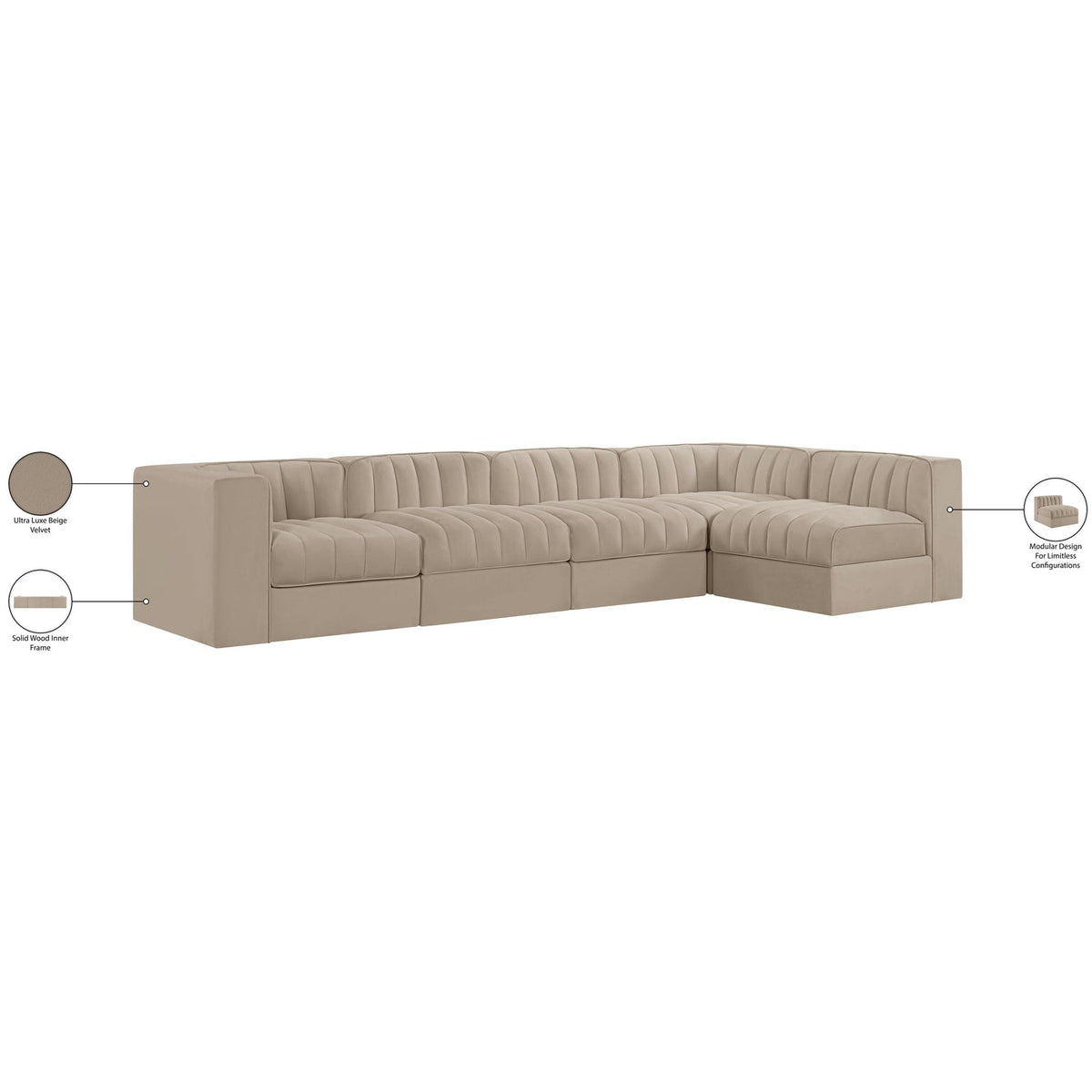 Rummi Beige Velvet Performance Fabric Upholstered 5 Piece Modular Sectional Sofa