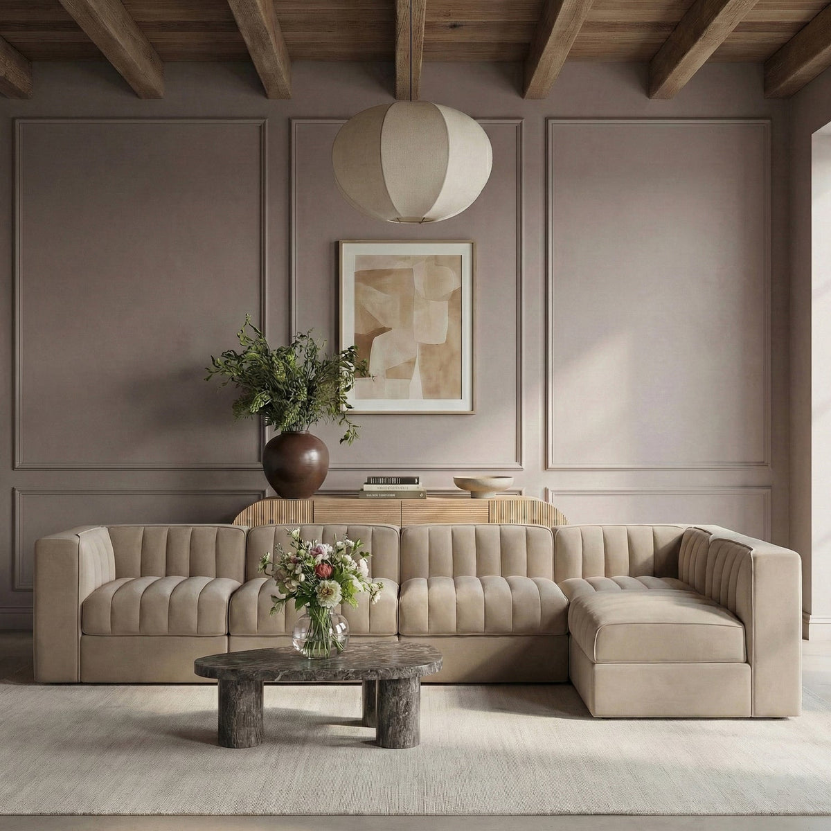 Rummi Beige Velvet Performance Fabric Upholstered 5 Piece Modular Sectional Sofa
