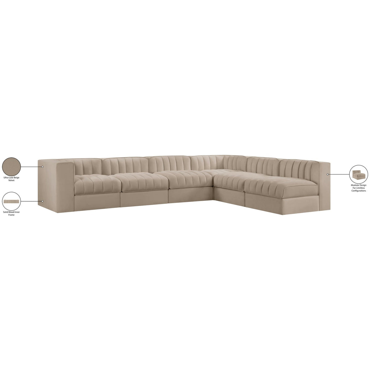 Rummi Beige Velvet Performance Fabric Upholstered 6 Piece Modular Sectional Sofa