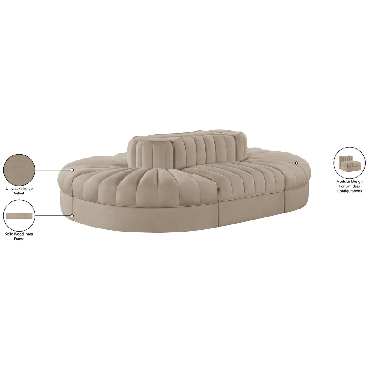 Rummi Beige Velvet Performance Fabric Upholstered 6 Piece Modular Sectional Sofa