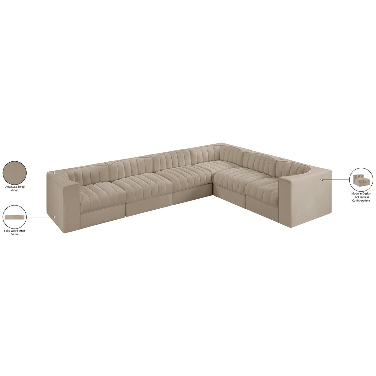 Rummi Beige Velvet Performance Fabric Upholstered 6 Piece Modular Sectional Sofa