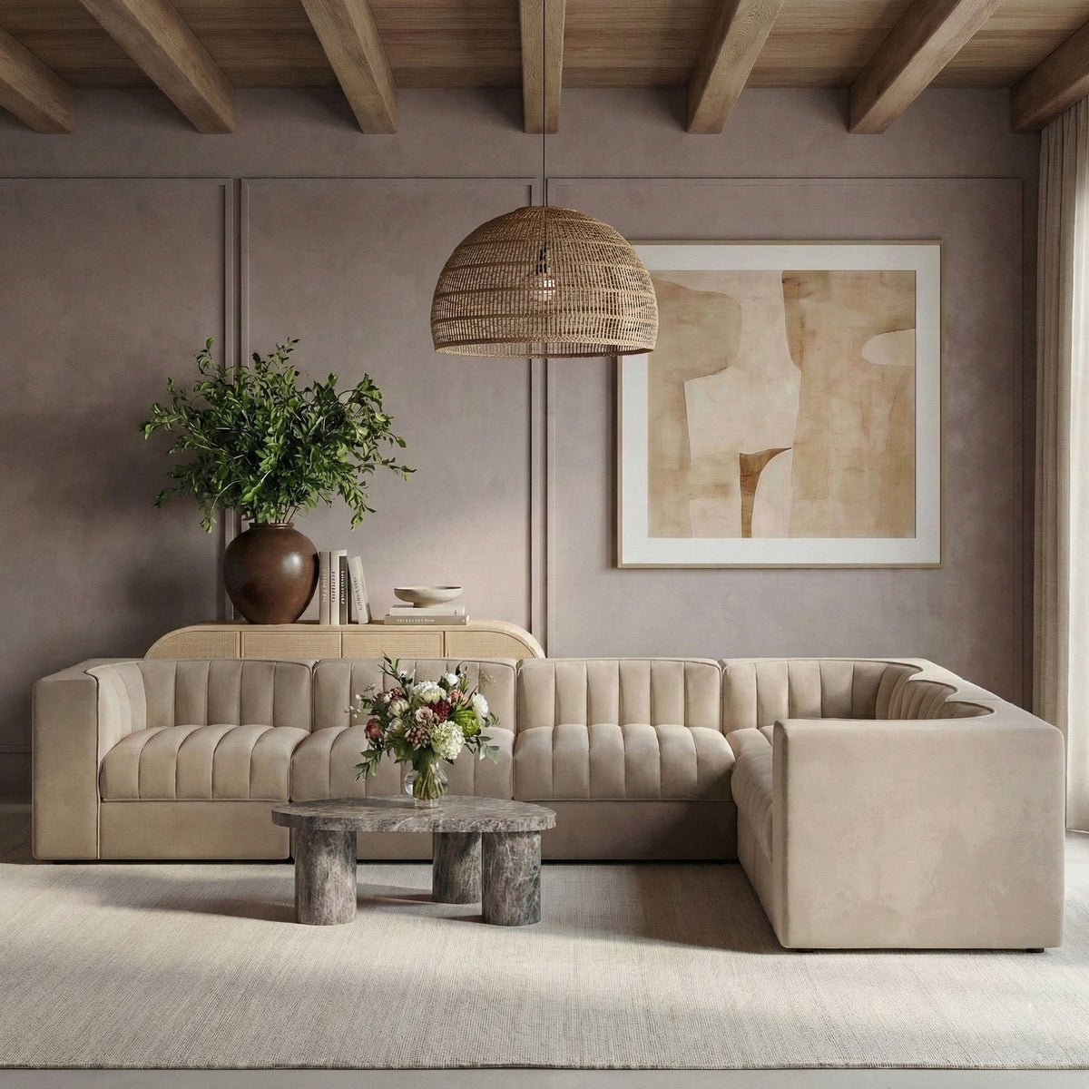 Rummi Beige Velvet Performance Fabric Upholstered 6 Piece Modular Sectional Sofa