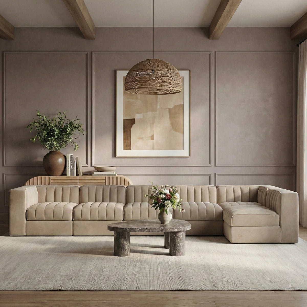 Rummi Beige Velvet Performance Fabric Upholstered 6 Piece Modular Sectional Sofa