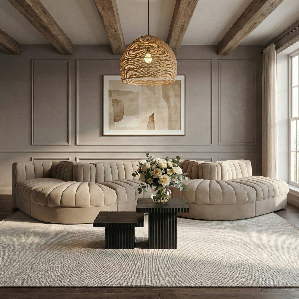 Rummi Beige Velvet Performance Fabric Upholstered 6 Piece Modular Sectional Sofa