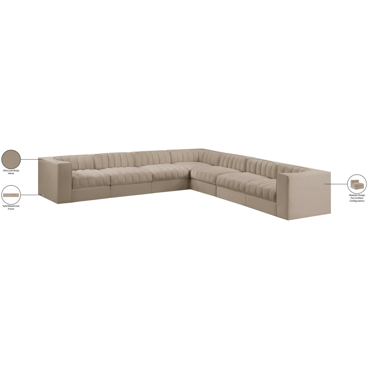 Rummi Beige Velvet Performance Fabric Upholstered 7 Piece Modular Sectional Sofa