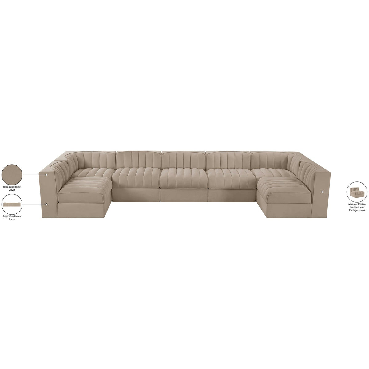 Rummi Beige Velvet Performance Fabric Upholstered 7 Piece Modular Sectional Sofa