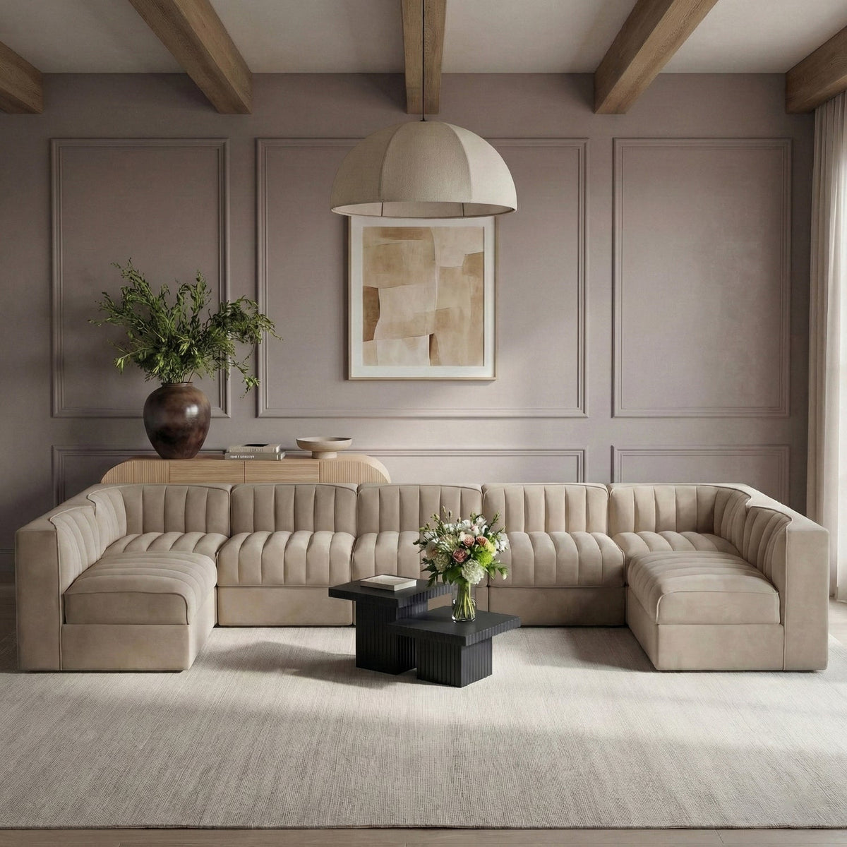 Rummi Beige Velvet Performance Fabric Upholstered 7 Piece Modular Sectional Sofa