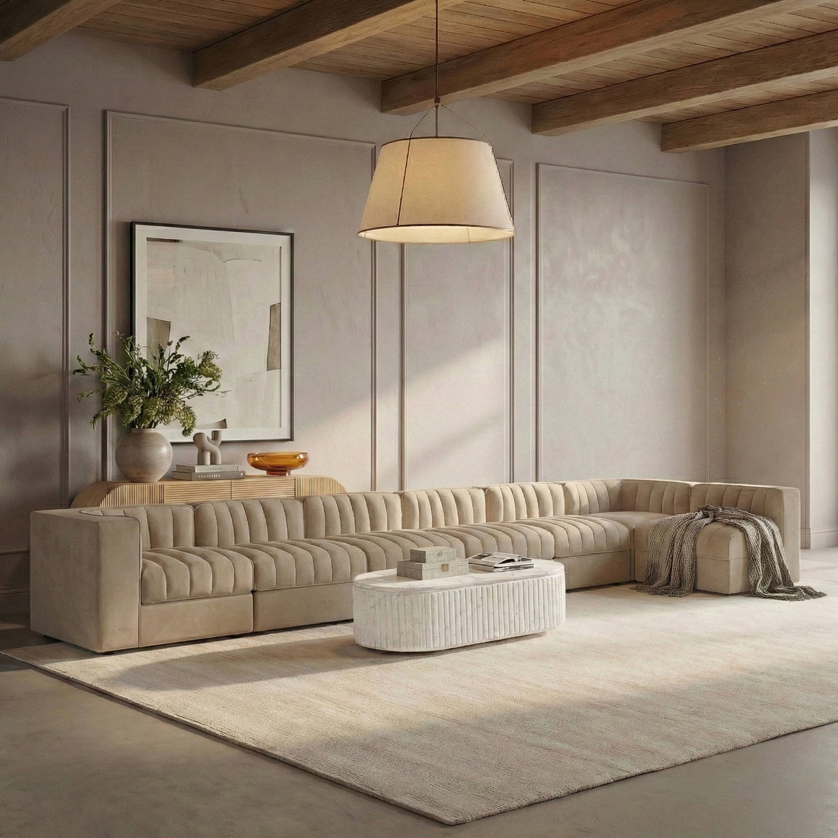 Rummi Beige Velvet Performance Fabric Upholstered 7 Piece Modular Sectional Sofa