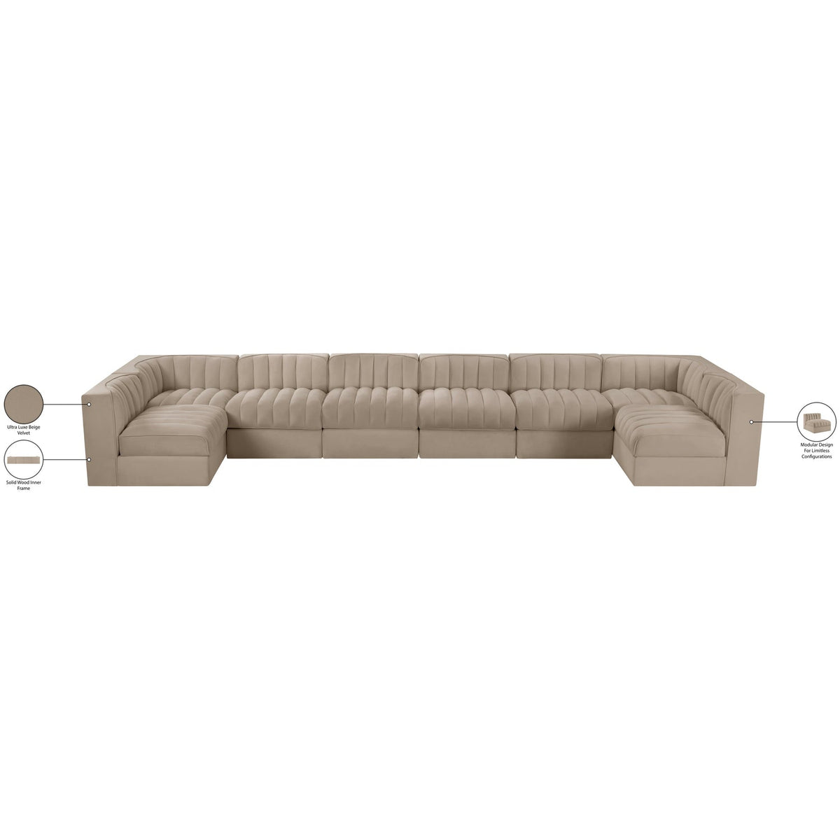 Rummi Beige Velvet Performance Fabric Upholstered 8 Piece Modular Sectional Sofa