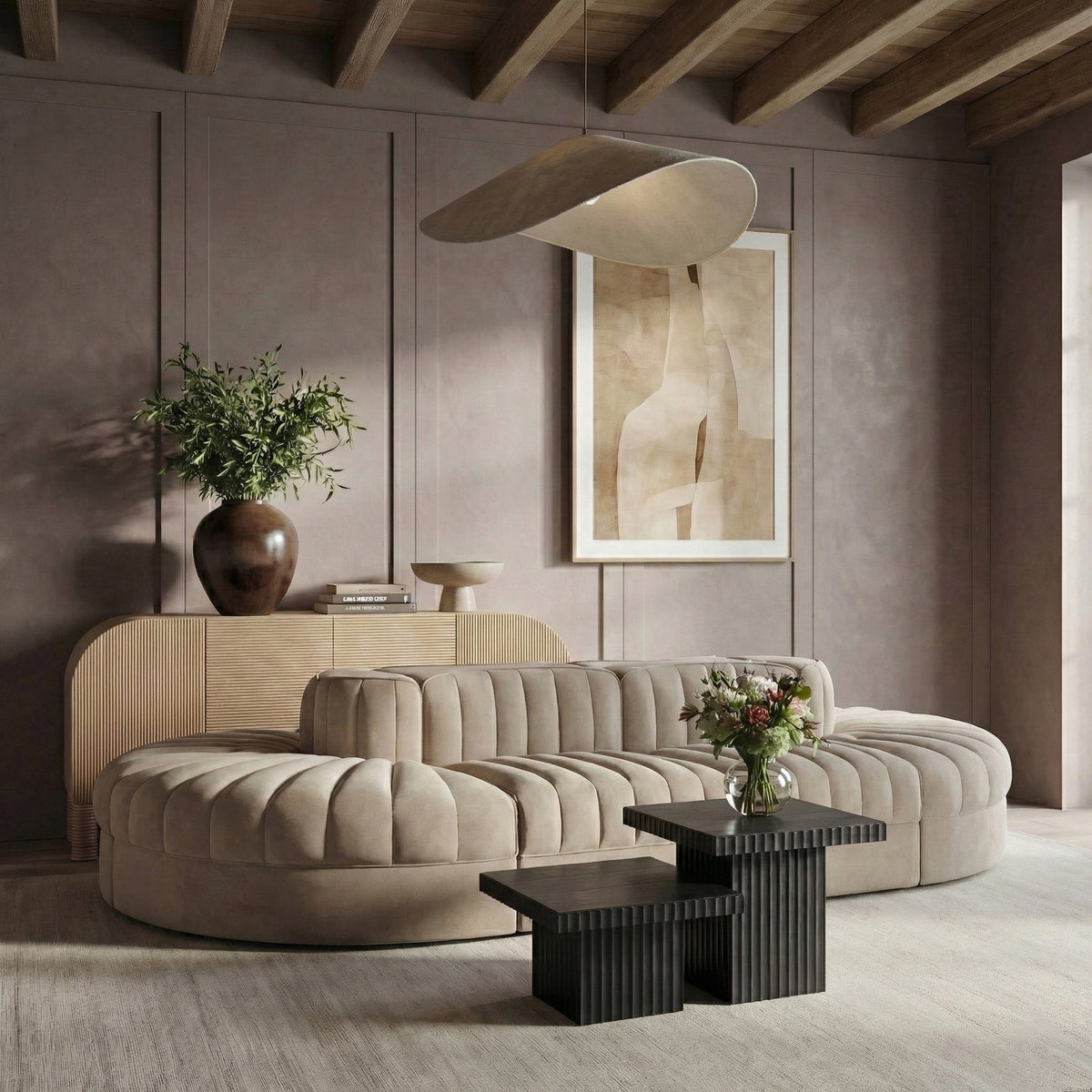 Rummi Beige Velvet Performance Fabric Upholstered 8 Piece Modular Sectional Sofa