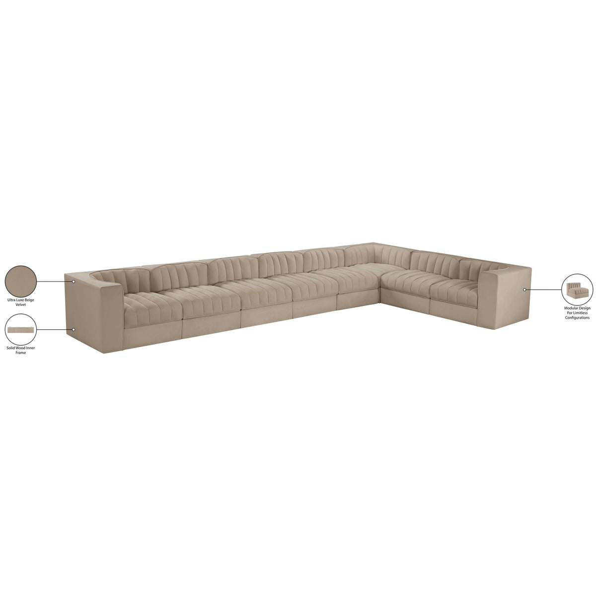 Rummi Beige Velvet Performance Fabric Upholstered 8 Piece Modular Sectional Sofa