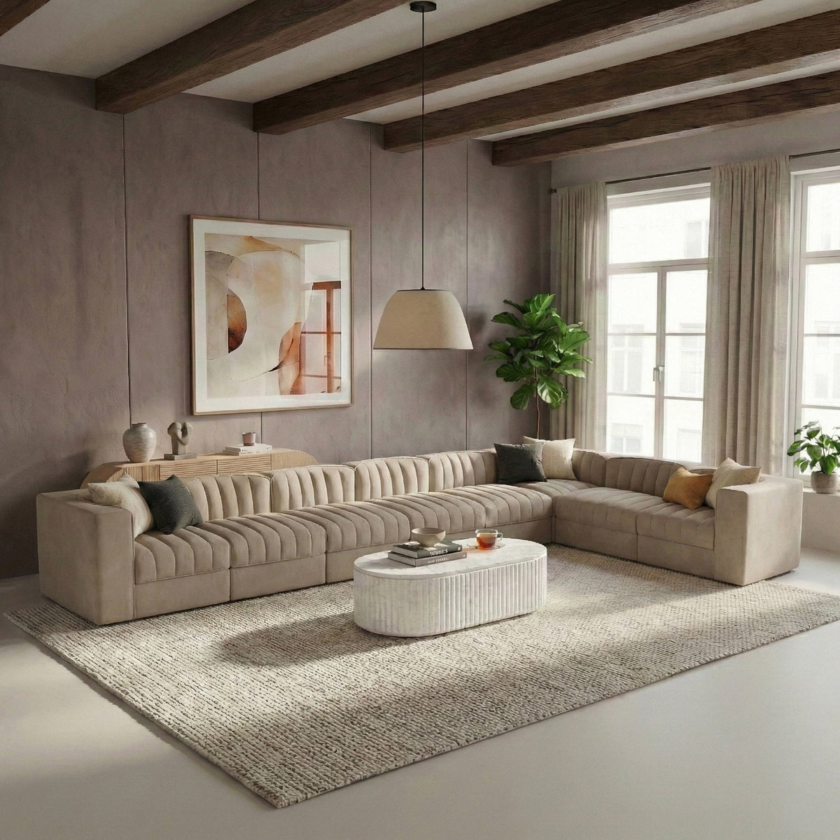 Rummi Beige Velvet Performance Fabric Upholstered 8 Piece Modular Sectional Sofa