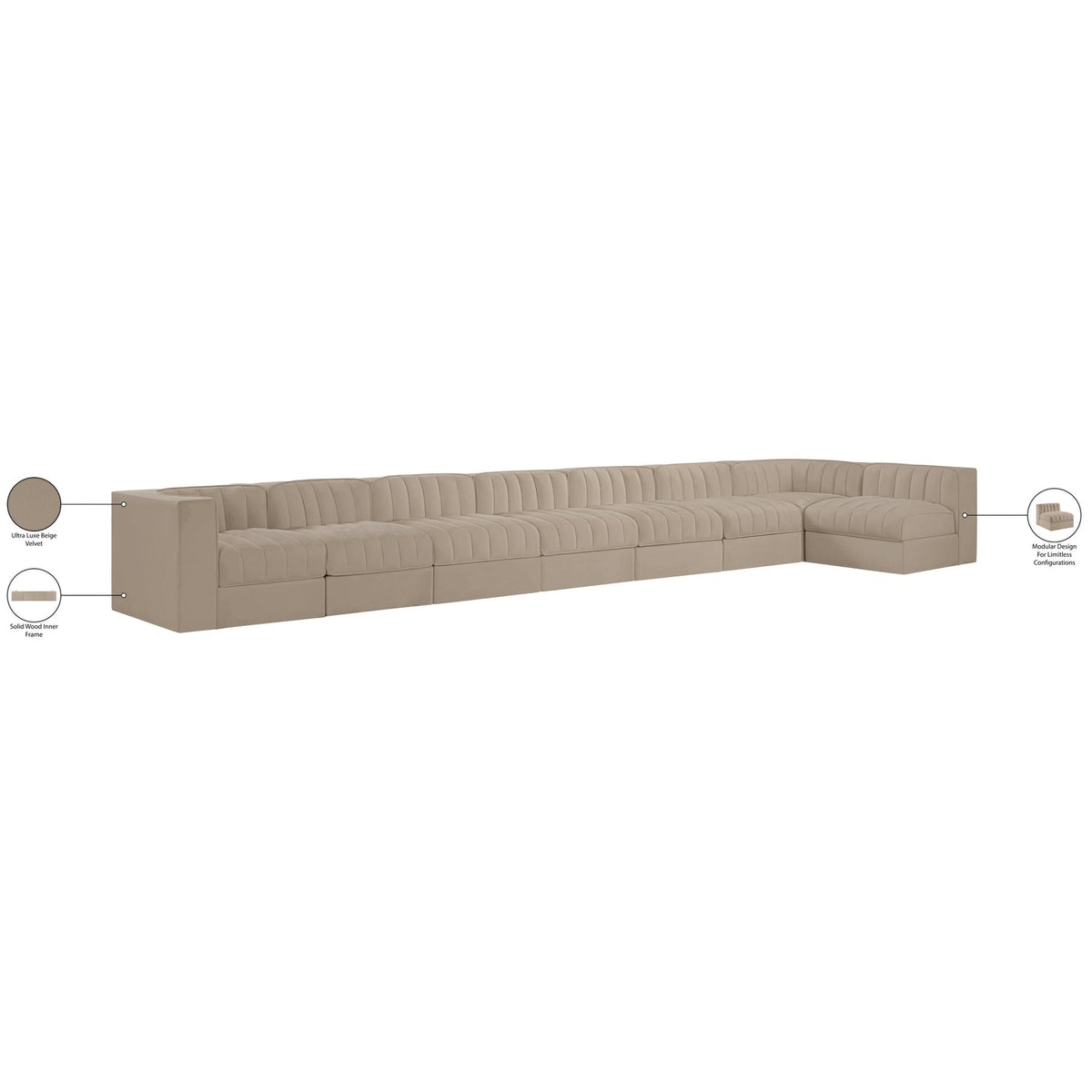 Rummi Beige Velvet Performance Fabric Upholstered 8 Piece Modular Sectional Sofa