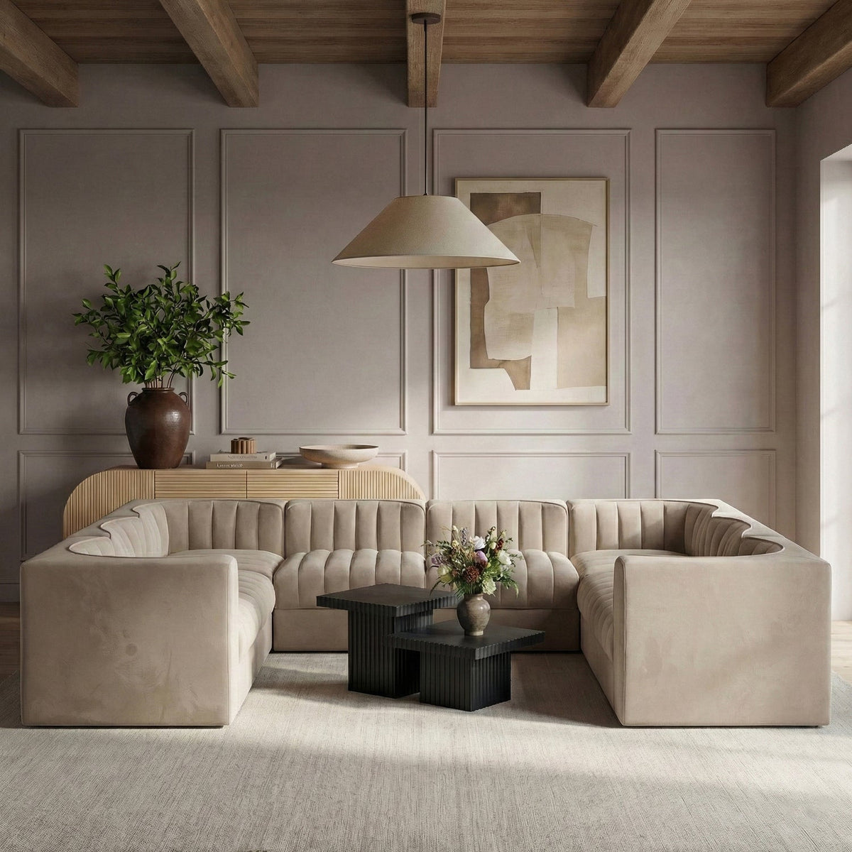 Rummi Beige Velvet Performance Fabric Upholstered Modular Sectional Sofa