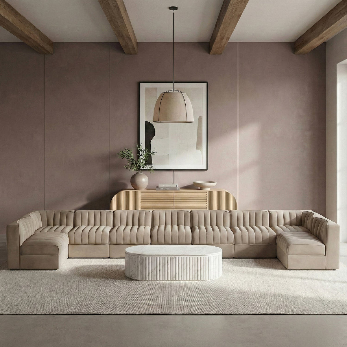 Rummi Beige Velvet Performance Fabric Upholstered 9 Piece Modular Sectional Sofa
