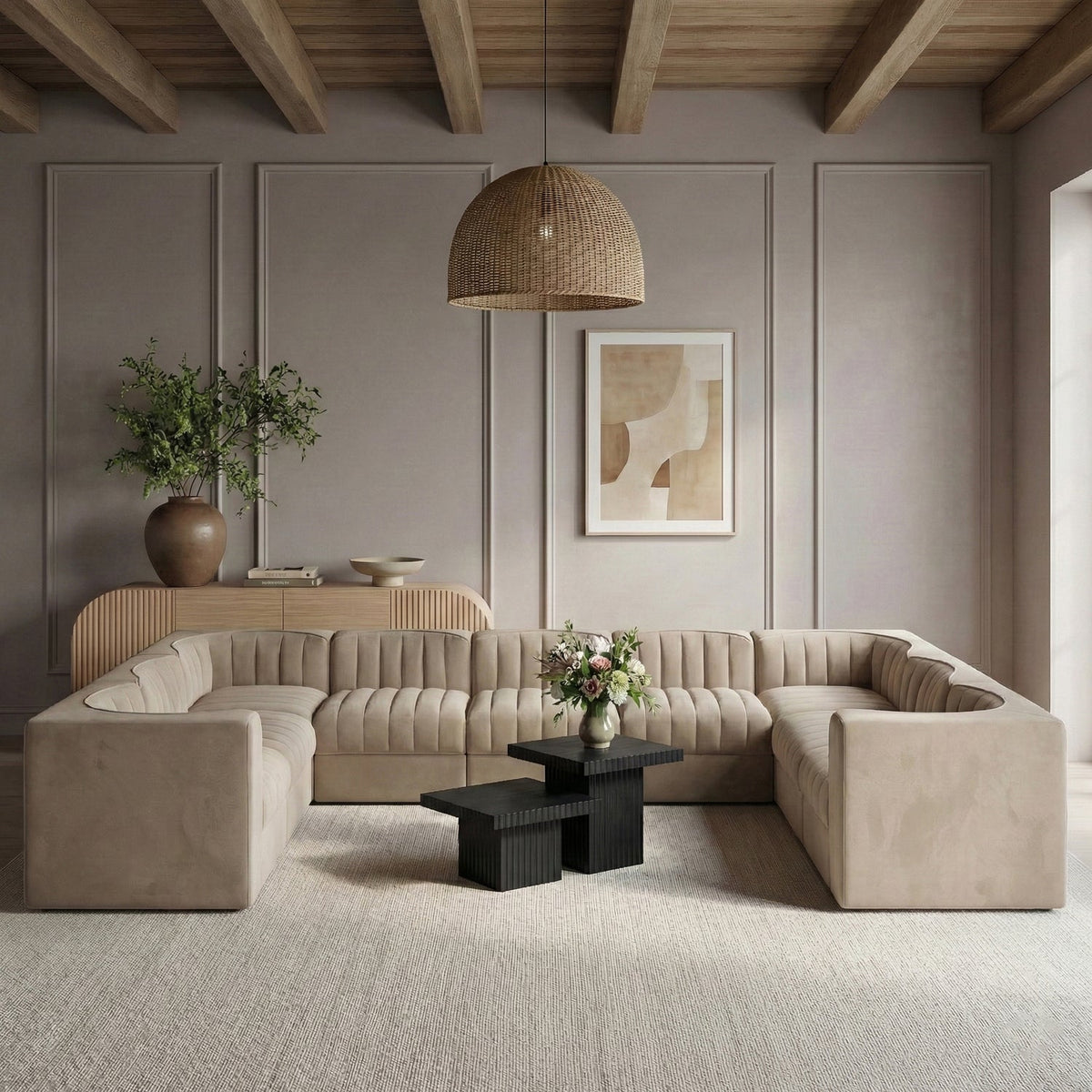 Rummi Beige Velvet Performance Fabric Upholstered 9 Piece Modular Sectional Sofa