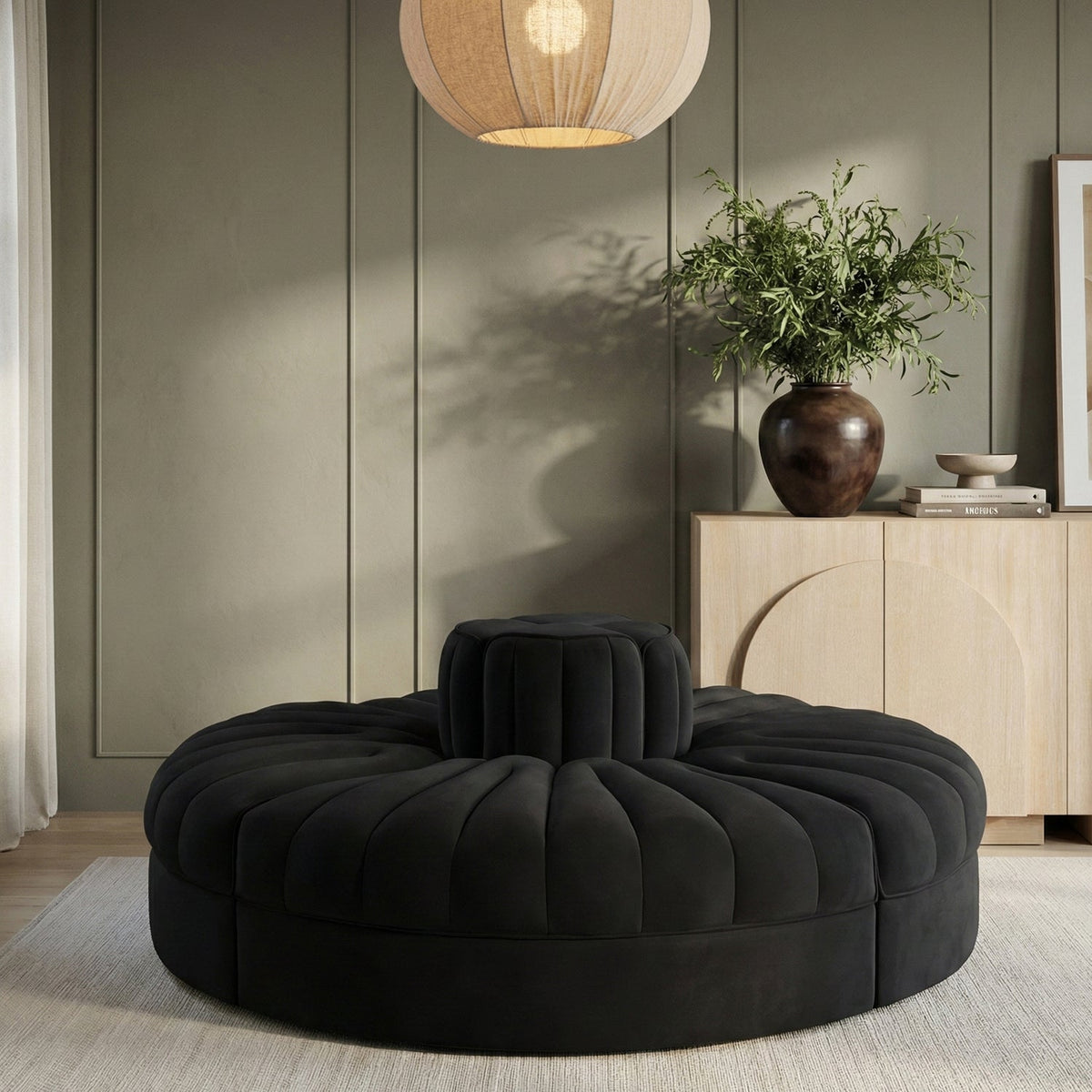 Rummi Black Velvet Performance Fabric Upholstered 4 Piece. Modular Sofa