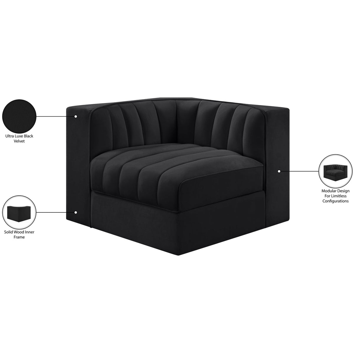 Rummi Black Velvet Performance Fabric Upholstered Modular Chair
