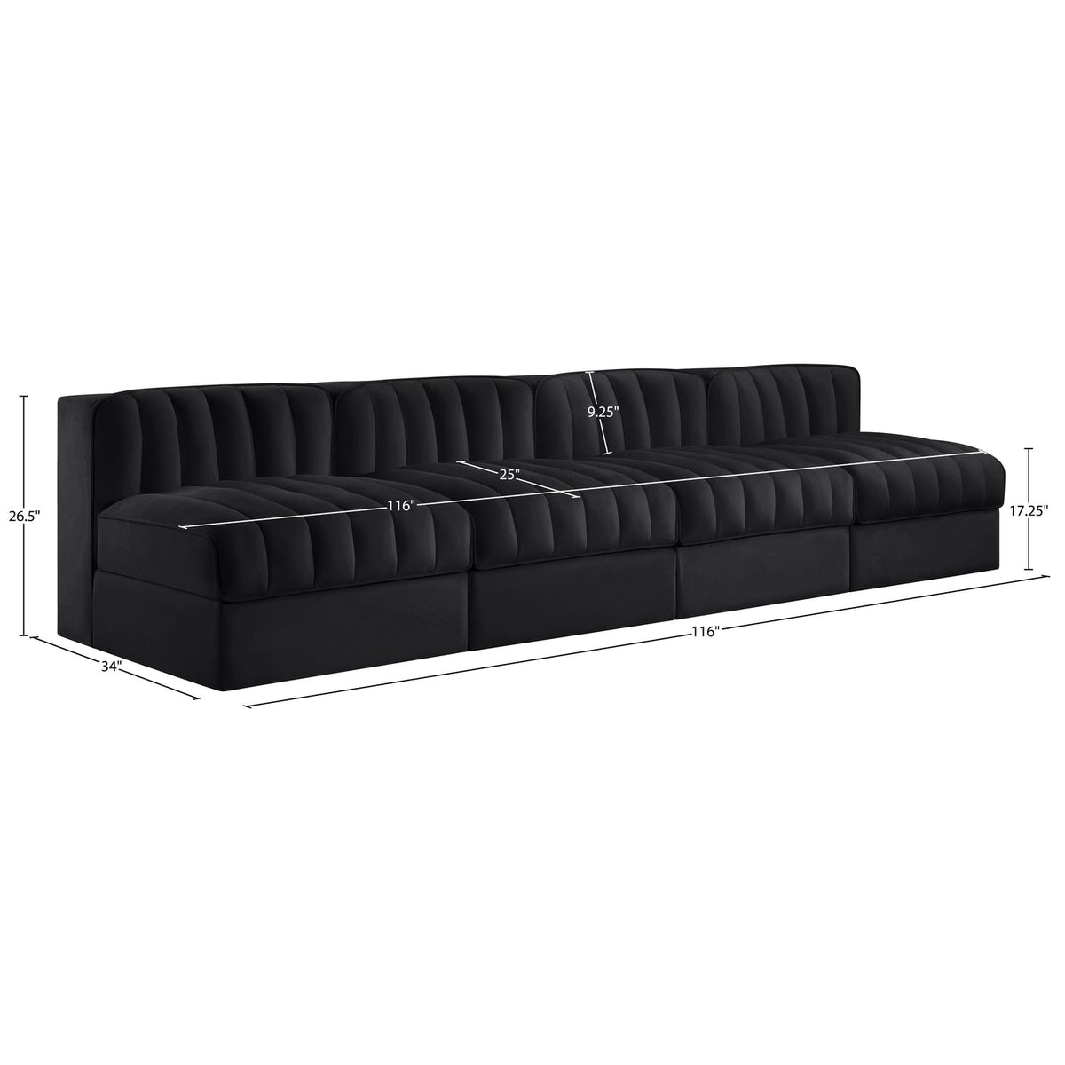 Rummi Black Velvet Performance Fabric Upholstered 4 Piece Modular Sofa