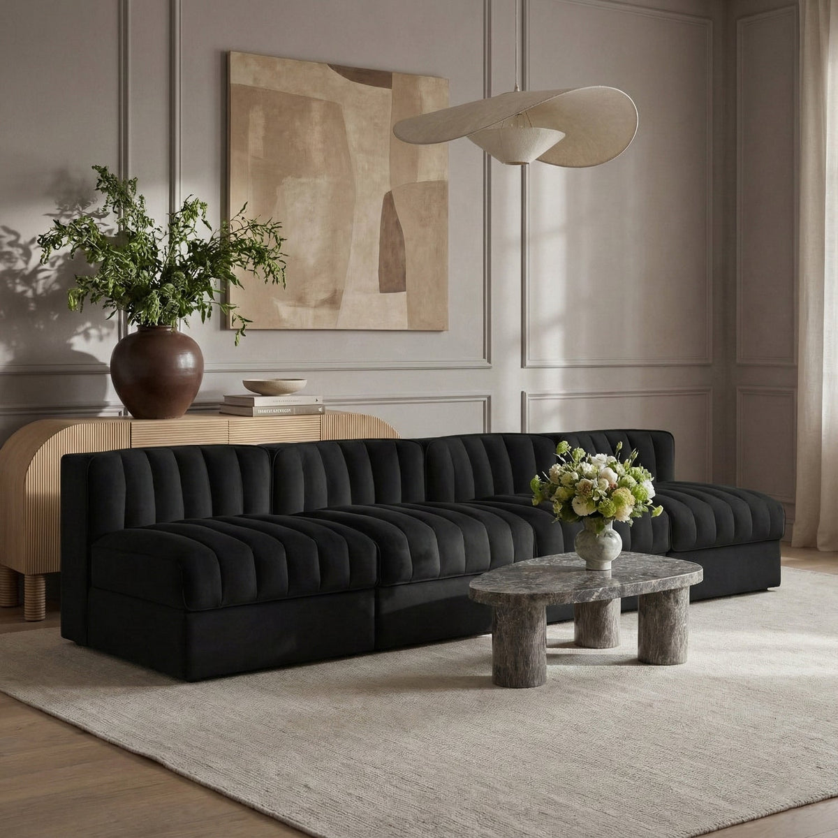 Rummi Black Velvet Performance Fabric Upholstered 4 Piece. Modular Sofa