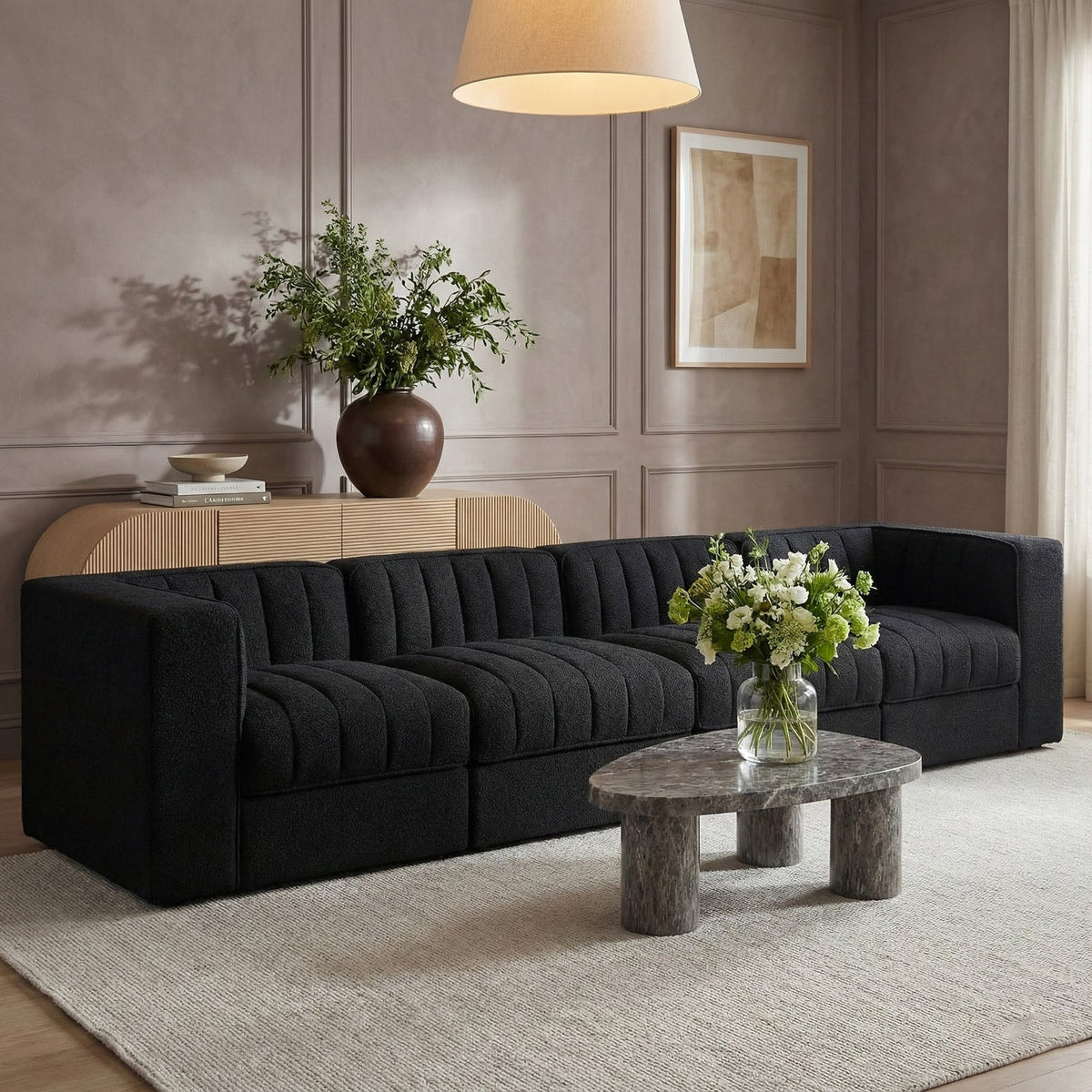 Rummi Black Velvet Performance Fabric Upholstered 4 Piece. Modular Sofa