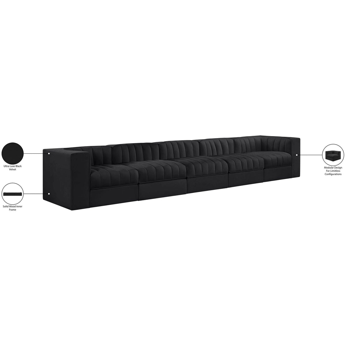 Rummi Black Velvet Performance Fabric Upholstered 5 Piece Modular Sofa