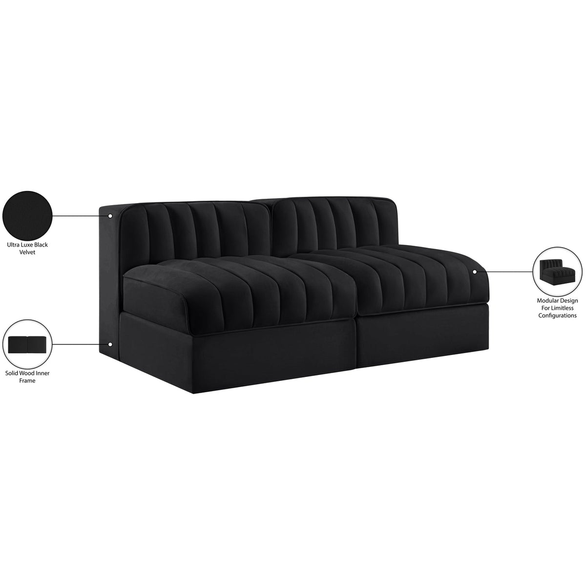 Rummi Black Velvet Performance Fabric Upholstered 2 Piece Modular Loveseat