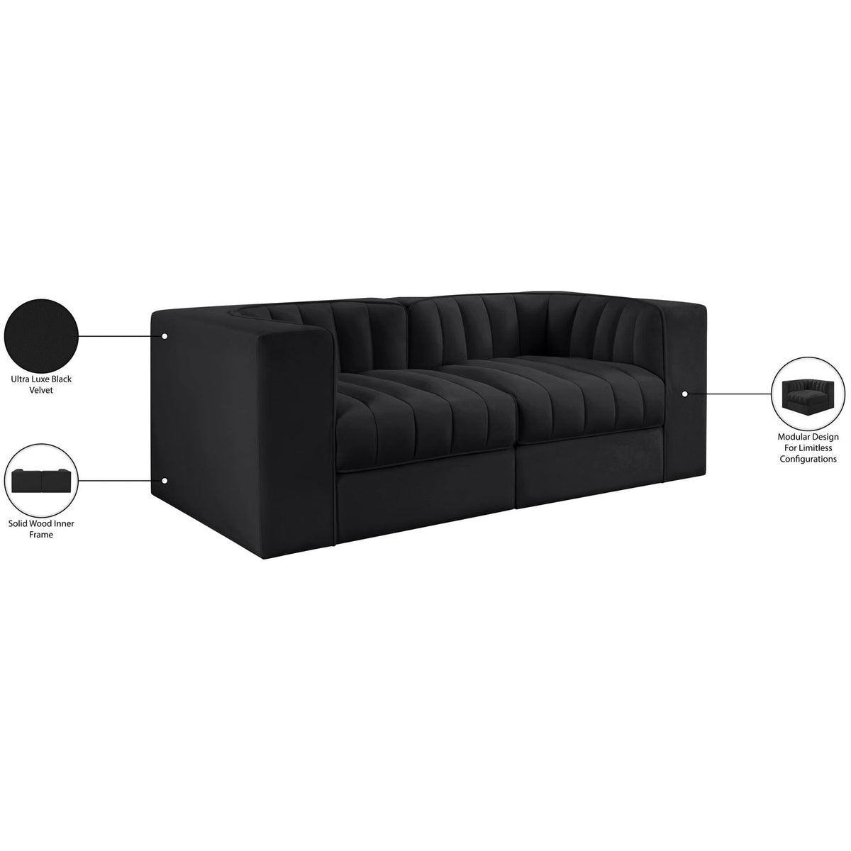 Rummi Black Velvet Performance Fabric Upholstered 2Piece. Modular Loveseat