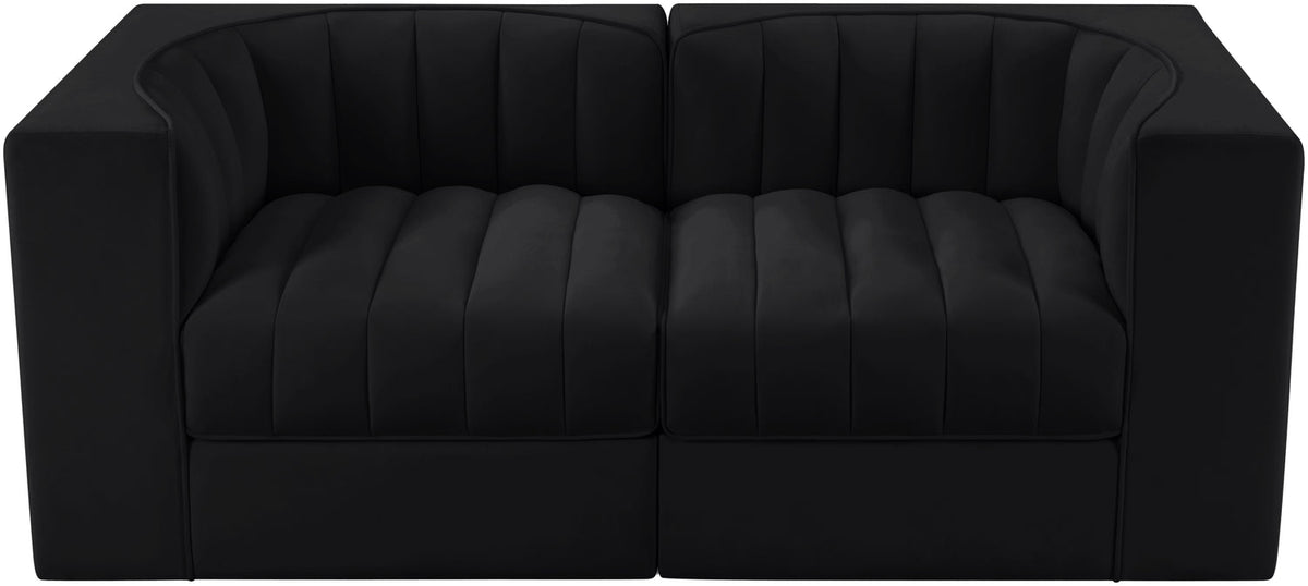 Rummi Black Velvet Performance Fabric Upholstered 2Piece. Modular Loveseat