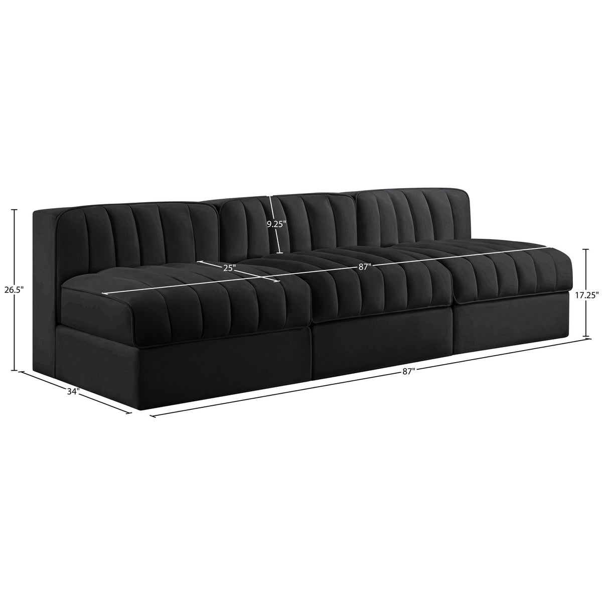 Rummi Black Velvet Performance Fabric Upholstered 3 Piece Modular Sofa