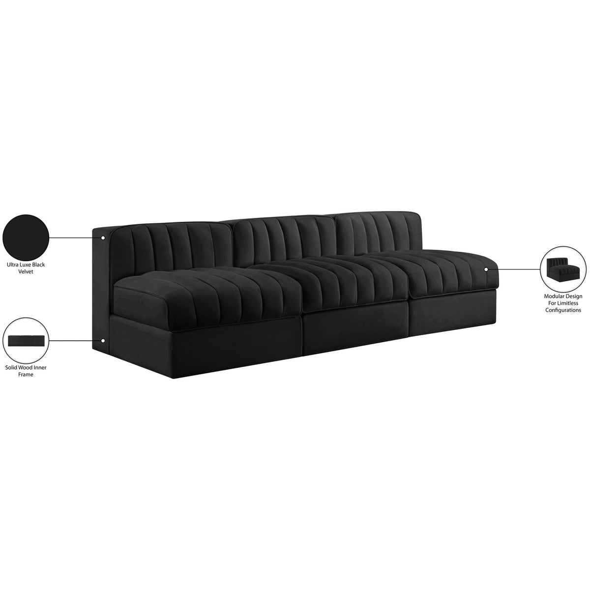 Rummi Black Velvet Performance Fabric Upholstered 3 Piece Modular Sofa
