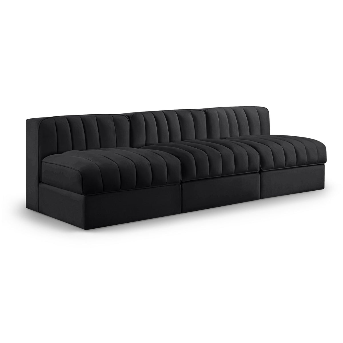 Rummi Black Velvet Performance Fabric Upholstered 3pc. Modular Sofa in black velvet, primary product view