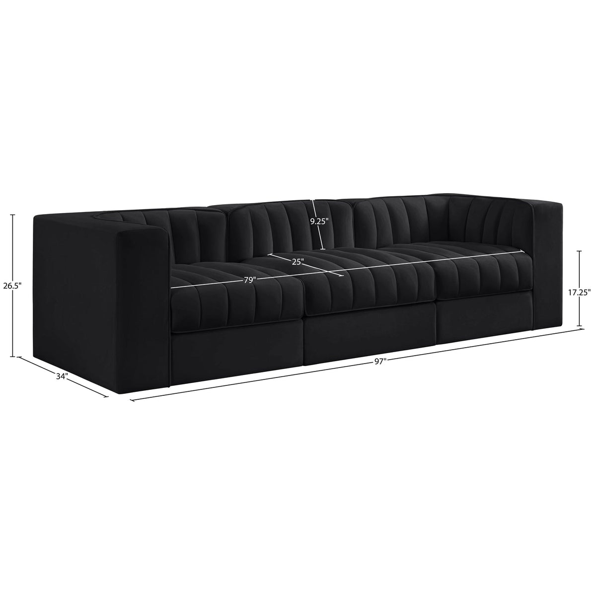Rummi Black Velvet Performance Fabric Upholstered 3 Piece Modular Sofa