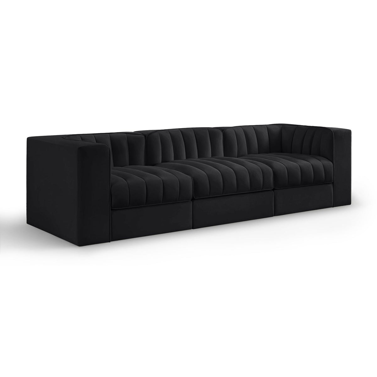 Rummi Black Velvet Performance Fabric Upholstered 3pc. Modular Sofa in black velvet, primary product view