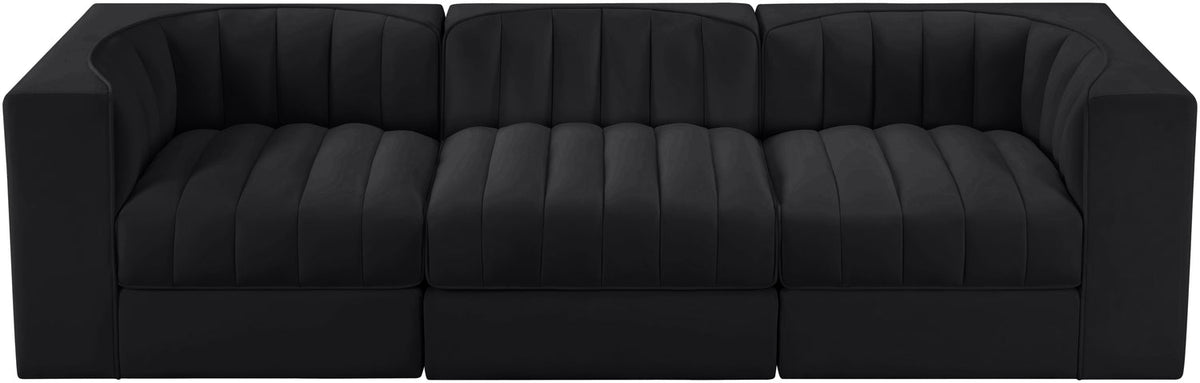 Rummi Black Velvet Performance Fabric Upholstered 3 Piece Modular Sofa
