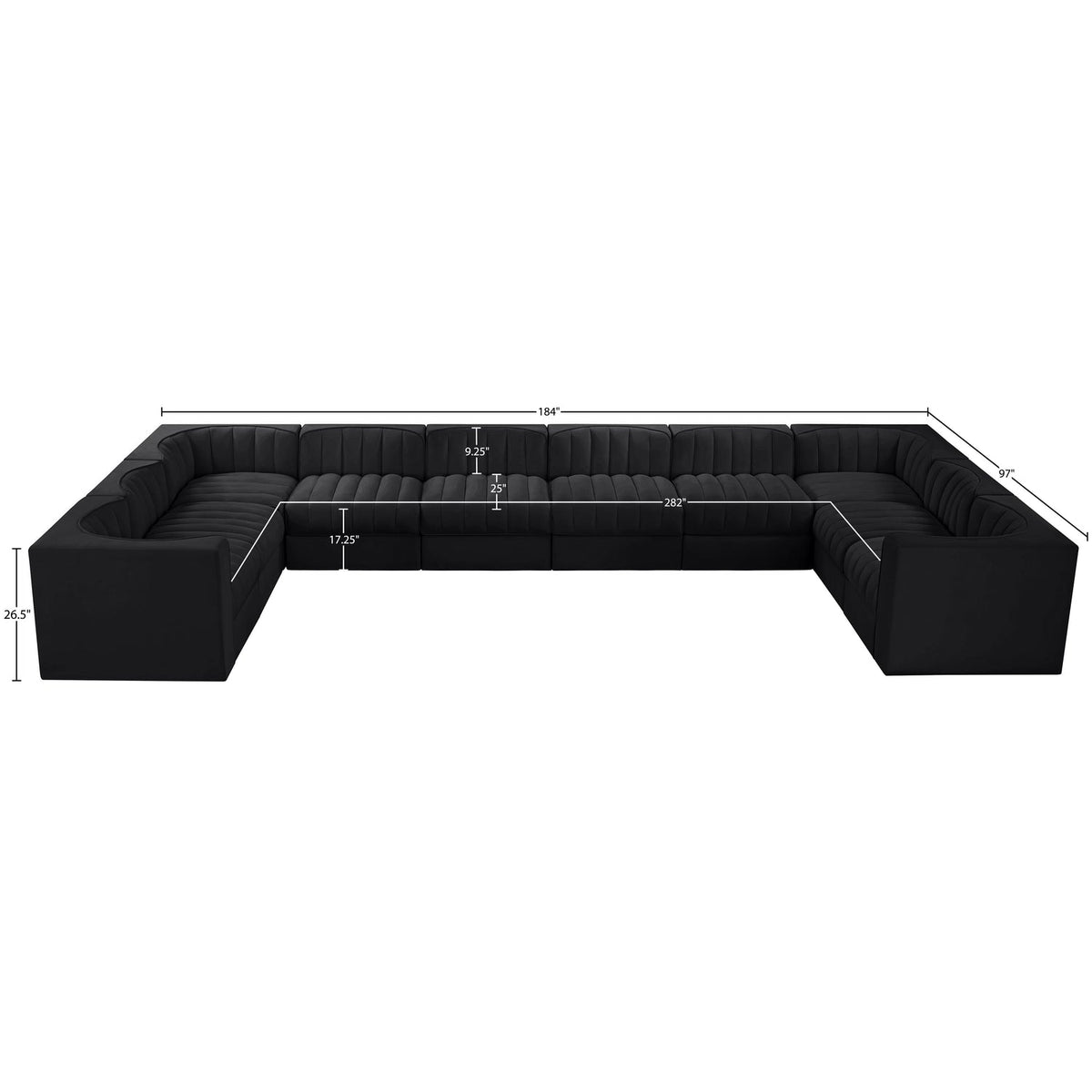 Rummi Black Velvet Performance Fabric Upholstered 10 Piece Modular Sectional Sofa