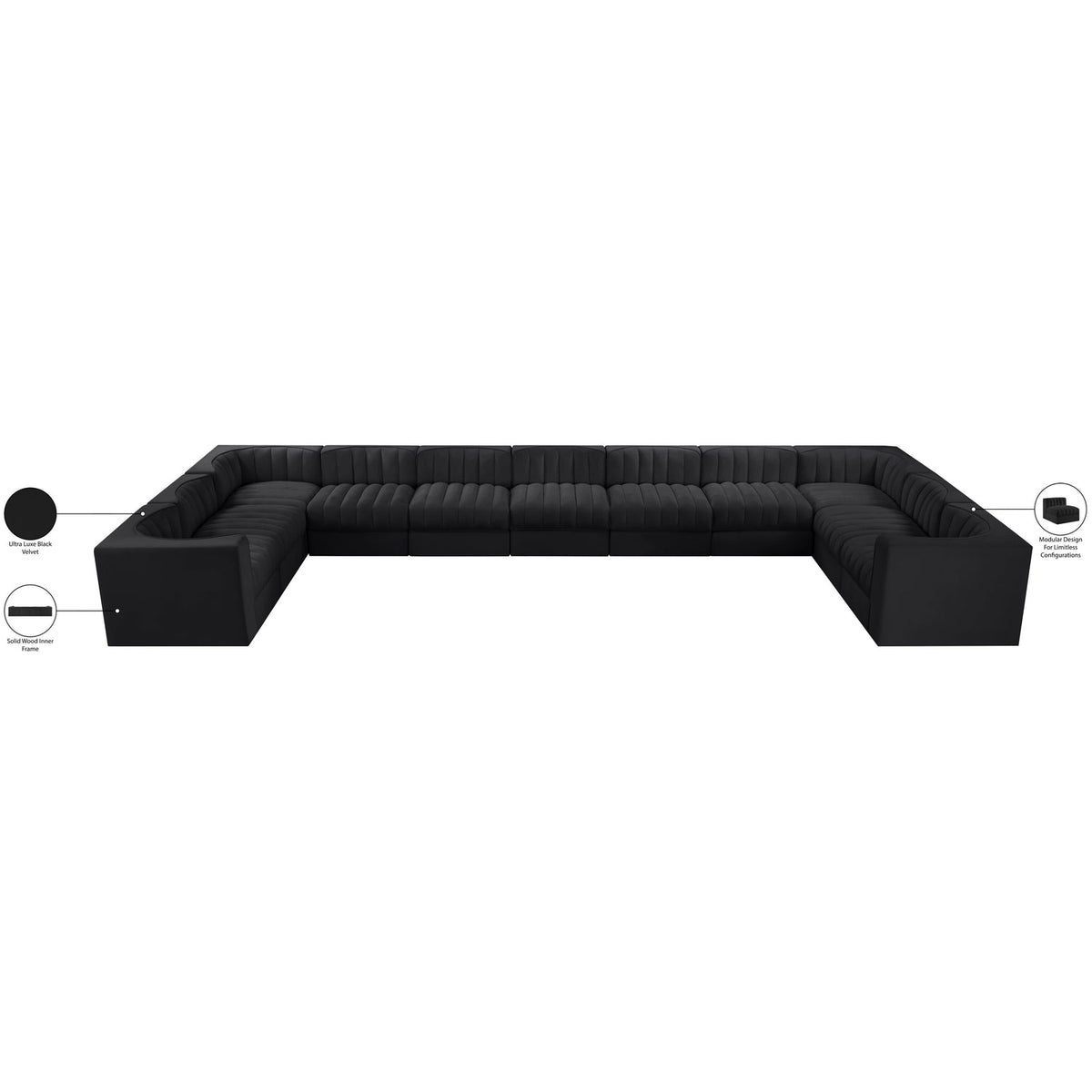 Rummi Black Velvet Performance Fabric Upholstered 11 Piece Modular Sectional Sofa