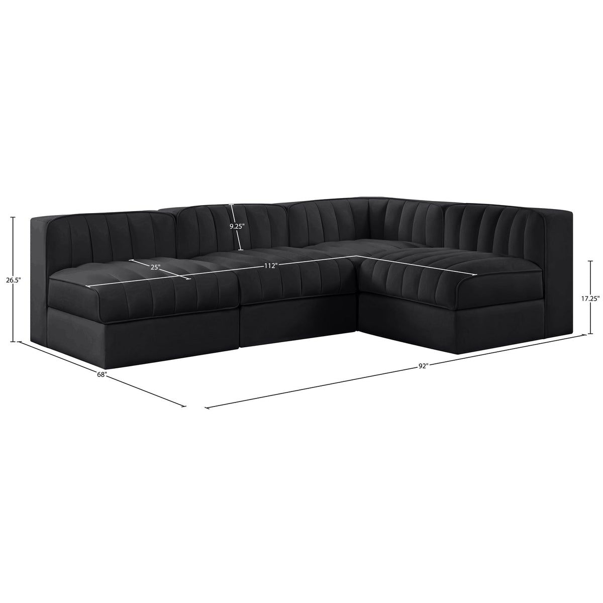 Rummi Black Velvet Performance Fabric Upholstered 4 Piece Modular Sectional Sofa