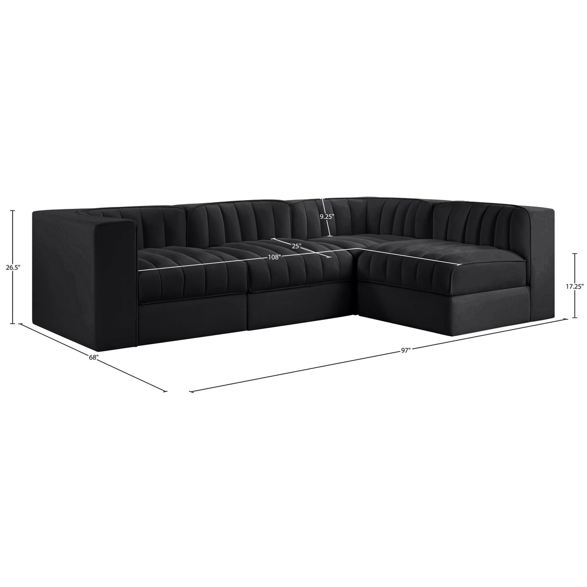 Rummi Black Velvet Performance Fabric Upholstered 4 Piece Modular Sectional Sofa