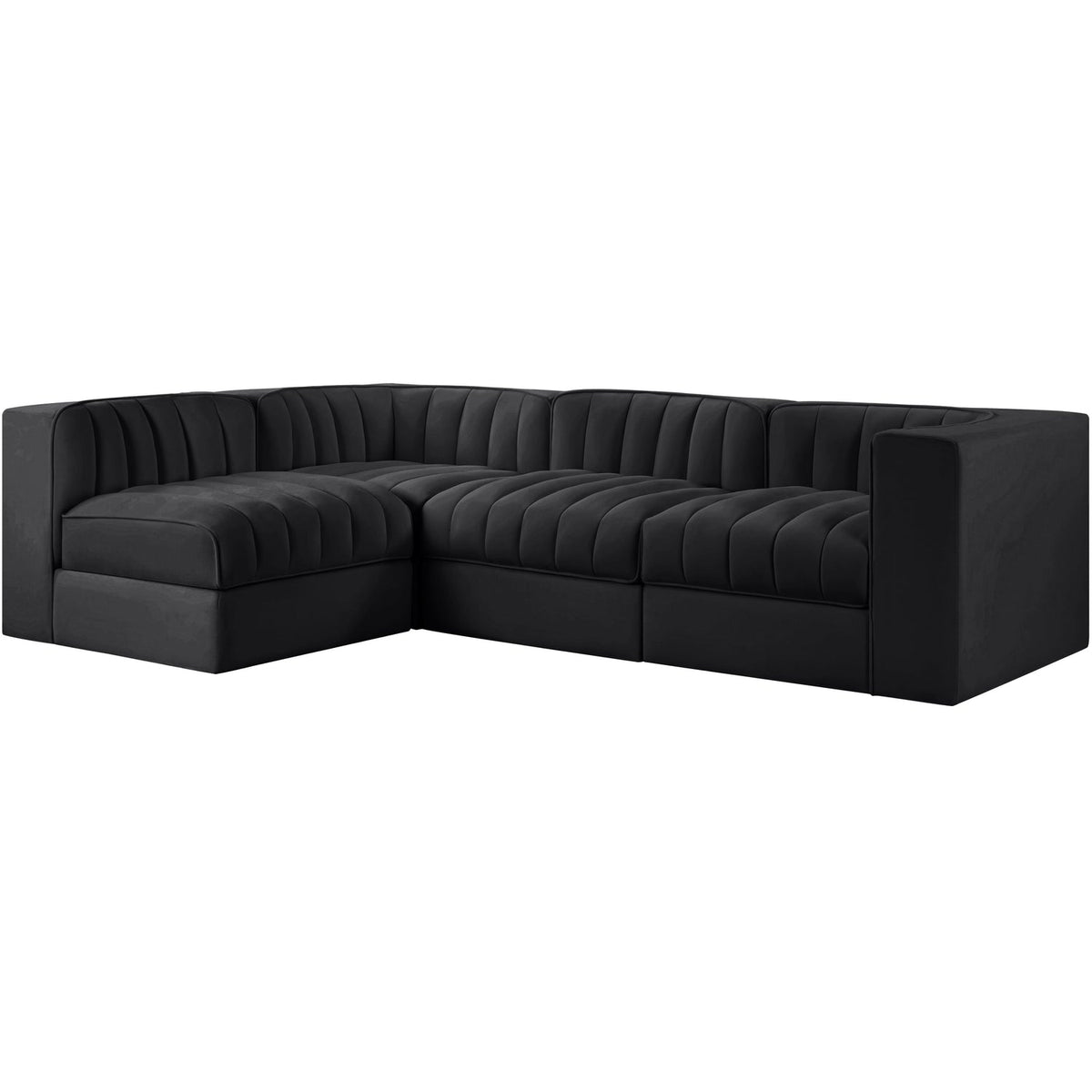 Rummi Black Velvet Performance Fabric Upholstered 4 Piece Modular Sectional Sofa